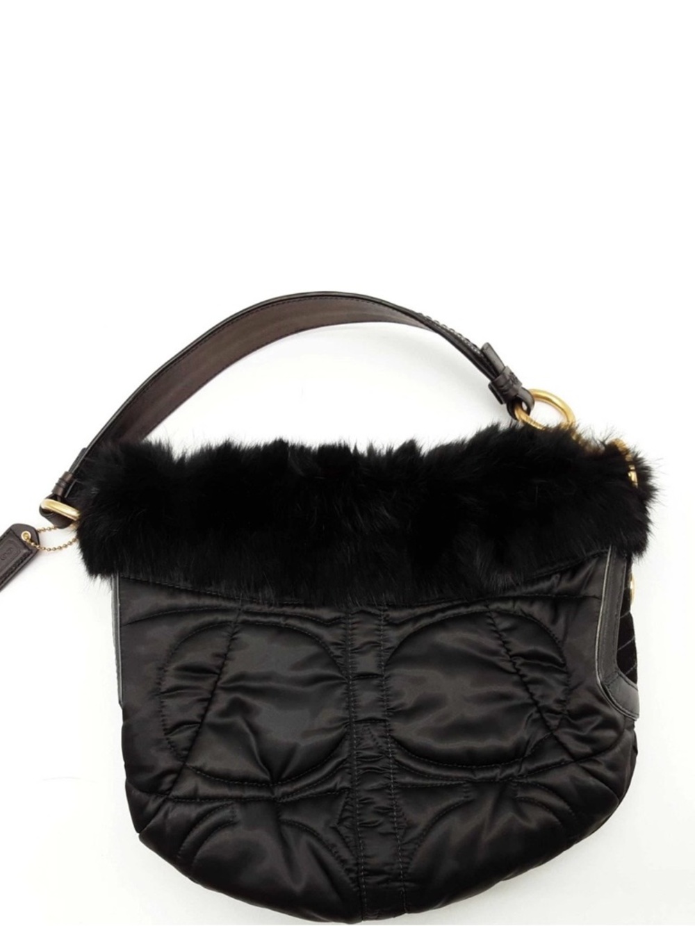 Coach Soho Ski Nylon Rabbit Black Fur Trim Hobo Quilted Shoulder Bag